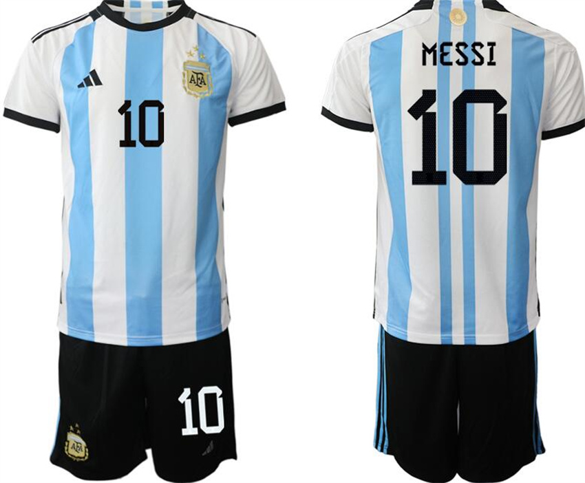 Youth White/Blue Argentina #10 Messi 3 Stars Home Soccer Jersey Suit